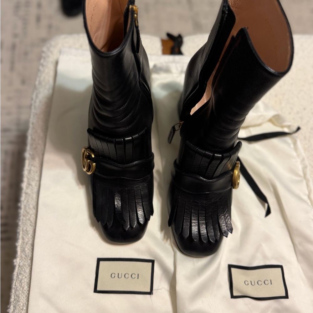 Gucci GG  Black Leather Heeled Boots with Gold Accent